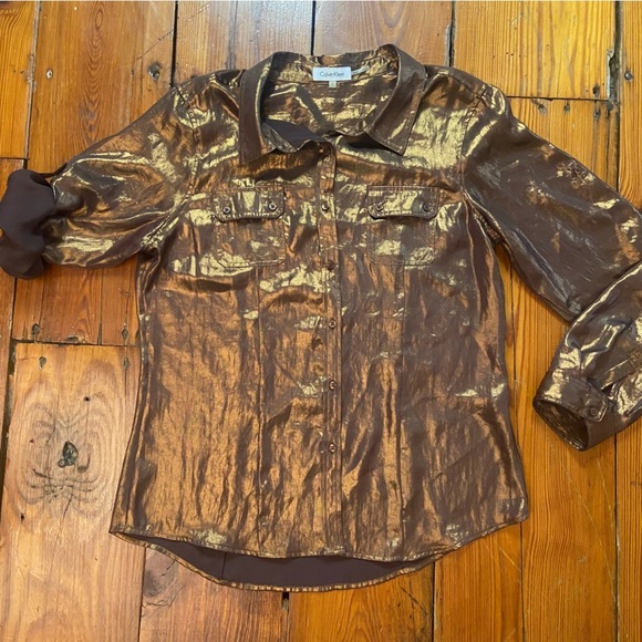 Calvin Klein Women’s Liquid Bronze Shimmer Metallic Button Down Shirt Size L Fun - Picture 13 of 15
